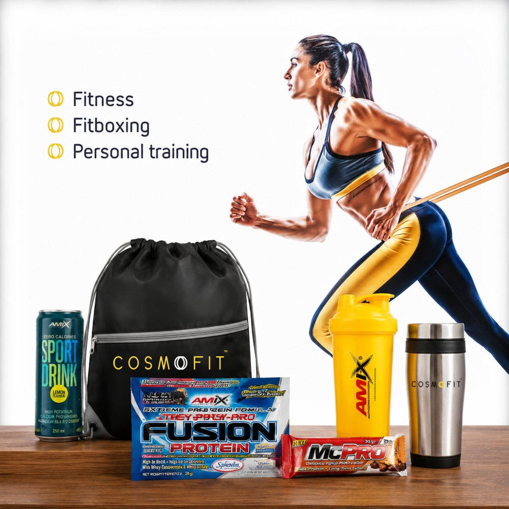 Super Welcome pack Cosmofit: saco, shaker, vaso térmico, barrita, bebida y proteína